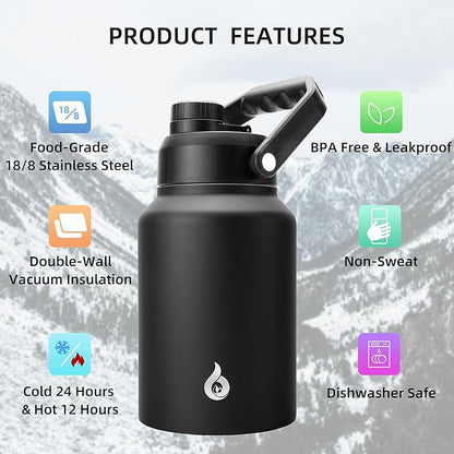 BJPKPK 64 oz Insulated Water Bottle, Dishwasher Safe Half Gallon Water Bottle with Ergonomic Handle, BPA Free Leak Proof Water Jug for Sports, Metal Thermos with Anti-slip Bottom, Black