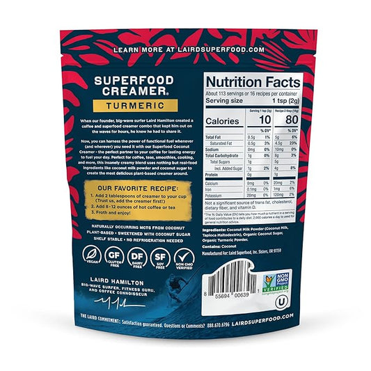 Laird Superfood Non-Dairy Original Superfood Turmeric Coconut Powder Coffee Creamer, Gluten Free, Non-GMO, Vegan, 8 oz. Bag, Pack of 1