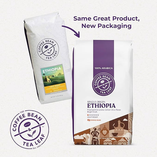 The Coffee Bean & Tea Leaf, Ethiopia Yirgacheffe Single Origin, Light Roast Whole Bean Coffee Beans - 1lb bag (16oz)