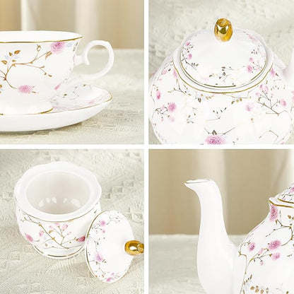fanquare 21-Piece Gold Vine Floral Porcelain Tea Sets with Sugar Bowl Creamer Teacups, English Bone China Tea Service for Women TeaParty Family Gathering Home Décor