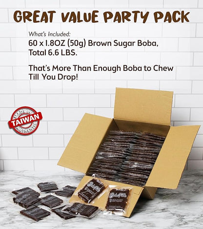 BOBA FIDE Instant Brown Sugar Boba Tapioca Pearls Bulk, 60 Packets of Black Tapioca Pearls in Brown Sugar Syrup for Boba Bubble Milk Tea Kit, Ready in 25 Sec, No Preservatives, Gluten, or Corn Syrup