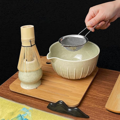 Matcha Whisk Set (7pcs) - Matcha Set with Whisk,Pouring Spout Bowl(15oz),Chasen Holder,Powder Sifter,Bamboo Scoop with Stand,Tea Cloth,Perfect Tools Kit for Tea Ceremony(Celadon Green)