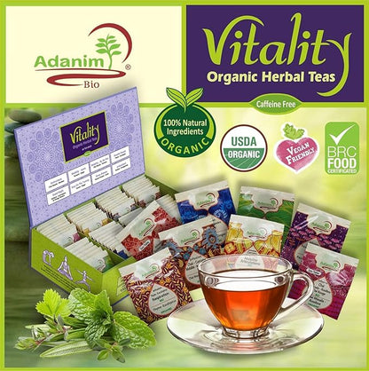 Adanim Bio Vitality Organic Tea Sampler Gift Set Box (8 Flavors Herbal Tea Variety Pack, 64 Individual Tea Bags) Caffeine Free Tea Sets, Assorted Tea Set, Tea Gifts for Tea Lovers