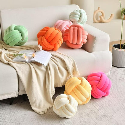 Decorative Throw Knot Pillow Ball for Home Chair Sofa Couch Bed Aesthetic Round Velvet Knotted Pillow Cushion (Orange, 11 inches)