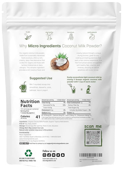 Micro Ingredients Organic Coconut Milk Powder, 2 Lb | Plant-Based Creamer for Coffee, Tea & Smoothies | Pure & Rich in MCT | Non-GMO, Gluten-Free, Keto & Paleo Friendly