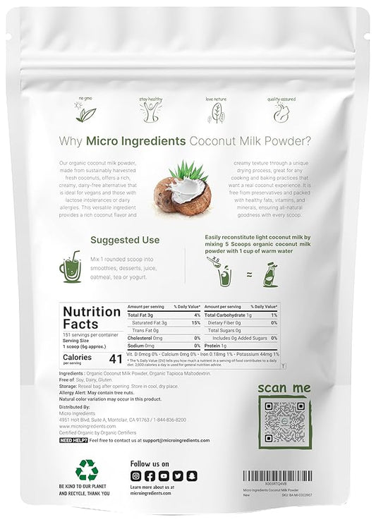 Micro Ingredients Organic Coconut Milk Powder, 2 Lb | Plant-Based Creamer for Coffee, Tea & Smoothies | Pure & Rich in MCT | Non-GMO, Gluten-Free, Keto & Paleo Friendly