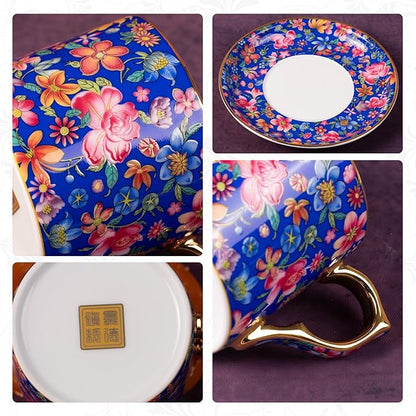 KAMMAK Tea Cups and Saucers Set of 2, Ceramic Coffee Cup with Saucer for Espresso, Cappuccino, 7oz Vintage Yellow and Blue Floral Porcelain Demitasse Mug for Home, Tea Party, Office