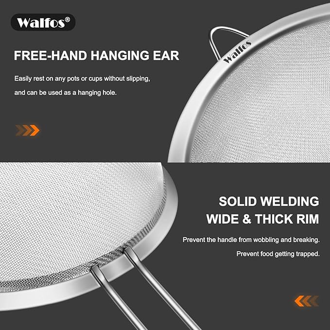 Walfos Small Fine Mesh Tea Strainer, Mini Stainless Steel Sieve with Handle, 2.8 Inch Kitchen Metal Sifter Strainers for Tea, Juicing, Coffee, Cocktail, Powdered Sugar, Matcha (2 Pack)