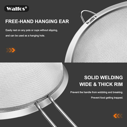 Walfos 8 Inch Fine Mesh Strainer, Premium Stainless Steel Colanders and Sifters, with Reinforced Frame and Sturdy Handle, Perfect for Sift, Strain, Drain and Rinse Vegetables, Pastas and Tea