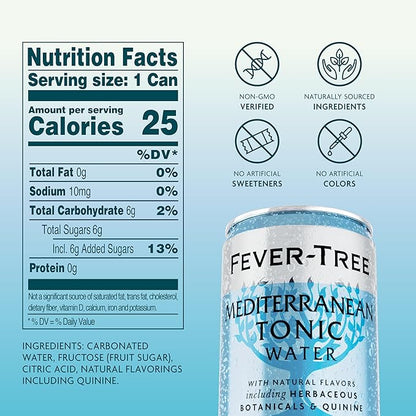 Fever-Tree Mediterranean Tonic Water - Premium Quality Mixer - Refreshing Beverage for Cocktails & Mocktails. Naturally Sourced Ingredients, No Artificial Sweeteners or Colors - 5.1 Fl Oz Cans - Pack of 24