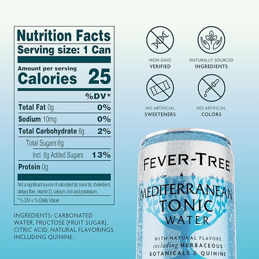Fever-Tree Mediterranean Tonic Water - Premium Quality Mixer - Refreshing Beverage for Cocktails & Mocktails. Naturally Sourced Ingredients, No Artificial Sweeteners or Colors - 5.1 Fl Oz Cans - Pack of 24