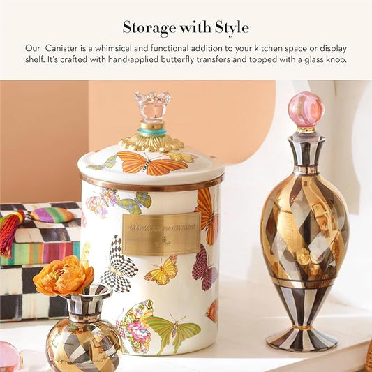 MACKENZIE-CHILDS Butterfly Garden Enamel Canister, Pretty Kitchen Storage Container with Lid, Medium
