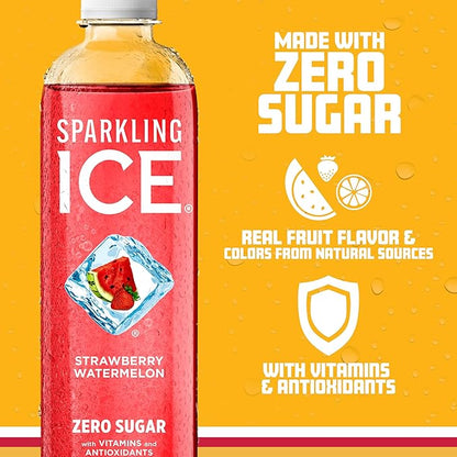 Sparkling Ice, Strawberry Watermelon Sparkling Water, Zero Sugar Flavored Water, with Vitamins and Antioxidants, Low Calorie Beverage, 17 fl oz Bottles (Pack of 12)