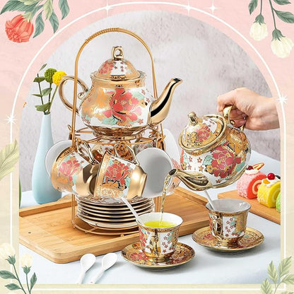 Zhehao 20 Pcs Porcelain Tea Set with Metal Holder and Spoon Adult Ceramic Tea Party Set European Flower Painting Teapot Cup Saucer Spoon Set for Women, Large Version(Stylish Style)