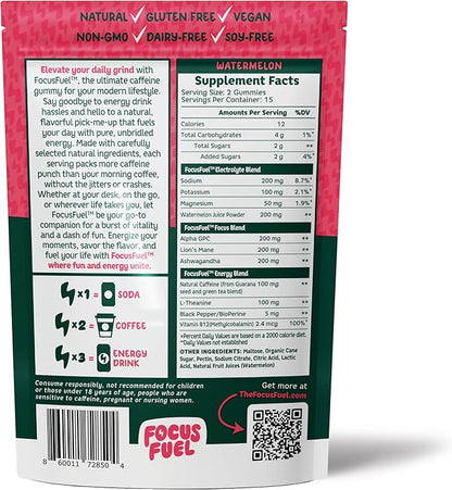 FocusFuel Energy Chews – Watermelon Flavor (15 Servings) – 100mg Caffeine + L-Theanine + B12, Magnesium – All-Natural Energy Boost – No Crash or Jitters