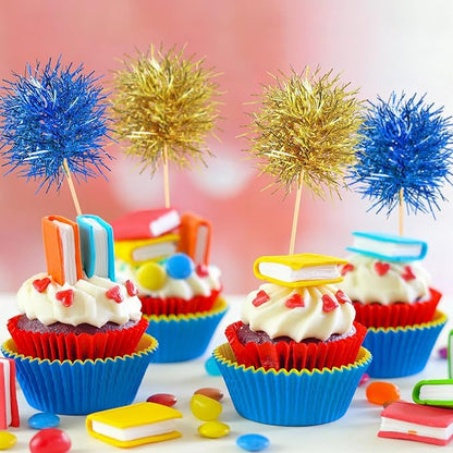 Chinco 100 Pcs Foil Firework Cupcake Toppers Sparkle Tinsel Cake Toppers Cake Decoration Cocktail Fruit Toothpick for Birthday Wedding Graduation Party(Blue, Gold)