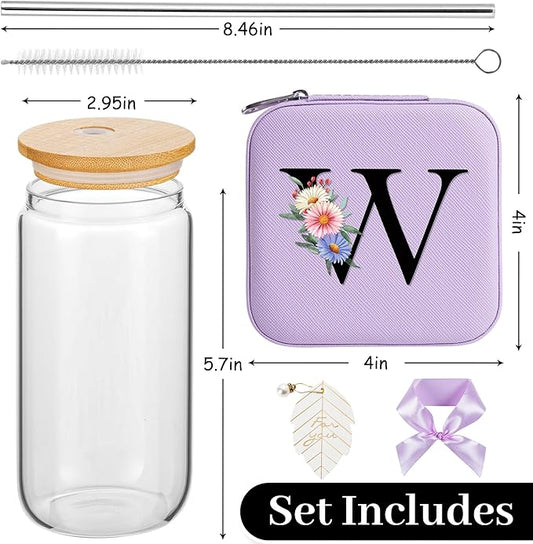 AYGXU Initial Glass Cup - Personalized Birthday & Graduation Gifts for Her, 16oz Tumbler with Small Jewelry Organizer Box, Purple
