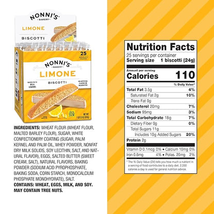 Nonni's Limone Lemon-Iced Biscotti Cookies – Individually Wrapped Italian Tea-Time Snack, Crunchy Twice-Baked, 110 Cal Each, 21.5 oz Carton