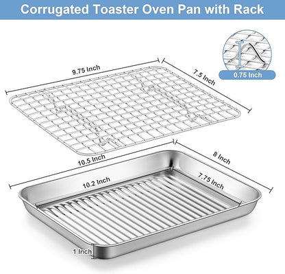 TeamFar 10.5'' Stainless Steel Compact Baking Pan Toaster Oven Tray with Cooling Rack, Corrugated Bottom & Grid Mesh Rack, Non-Toxic & Heavy-Duty