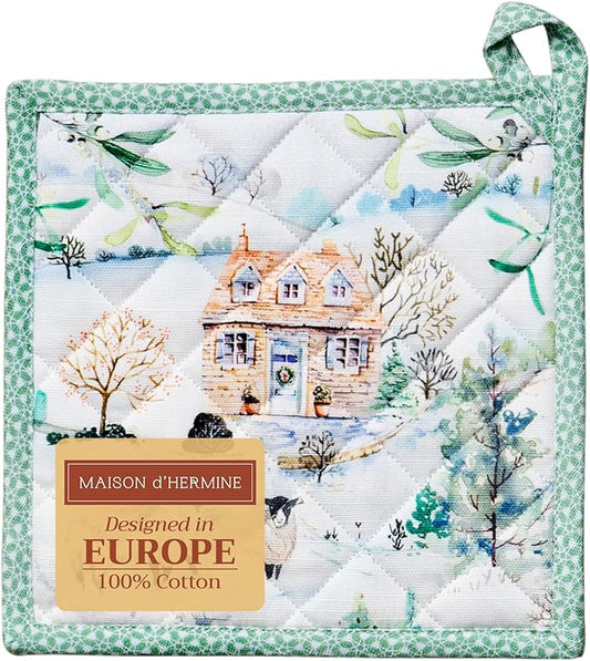 Maison d' Hermine Pot Holders 100% Cotton Heat Resistant Potholders 8" x 8" Hot Pads with Loop BBQ, Cooking, Baking, Grilling, Kitchen, Handling Hot Pans (Pack of 1, Snowy World)