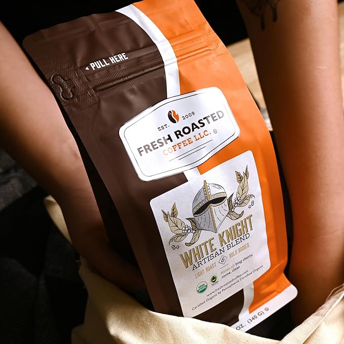 Fresh Roasted Coffee, Organic White Knight | USDA Organic, Kosher | Light Roast 12 oz, Ground