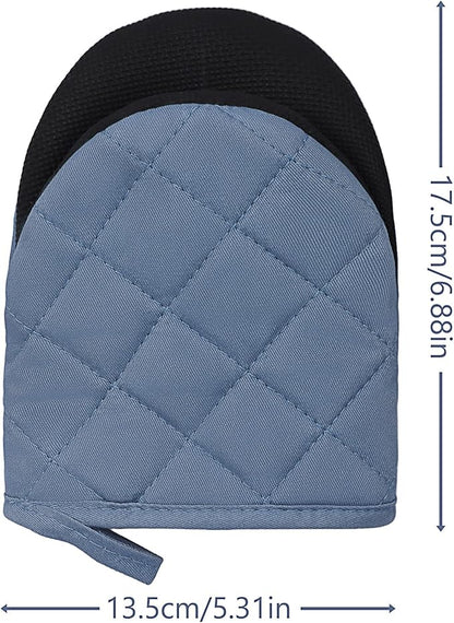 1 Pair Short Oven Mitts, Heat Resistant Silicone Kitchen Mini Oven Mitts for 500 Degrees, Non-Slip Grip Surfaces and Hanging Loop Gloves, Baking Grilling Barbecue Microwave Machine Washable (Sky Blue)