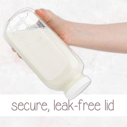 kitchentoolz 32oz Square Glass Milk Bottle with Plastic Airtight Lids Vintage Reusable Quart Sized Dairy Drinking Containers for Milk, Yogurt, Smoothies, Kefir, Kombucha, and Water- Pack of 2