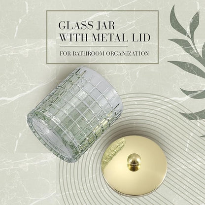 Glass Jar with Metal Lid for Bathroom Organization, Clear Apothecary Jar for Cotton Balls, Q Tips, and Small Accessories, Stylish Bathroom Storage Container Sage Green, Gold