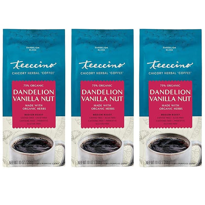 Teeccino Dandelion Vanilla Nut Herbal Coffee - Caffeine-Free Coffee Alternative with Prebiotics, Gluten Free, Acid Free - Medium Roast, 10 oz, Pack of 3