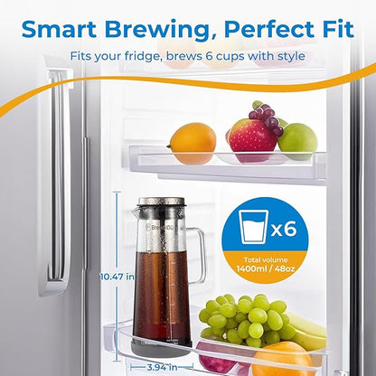 Cold Brew Coffee Maker (1.4L/48oz) - Sleek Borosilicate Glass Pitcher with 100um 304 Stainless Steel Filter, Non-Slip Base & Airtight Lid, Effortless Manual + Recipes for Beginner (Black)
