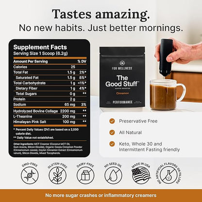 For Wellness The Good Stuff Performance – Coffee Booster | Collagen + MCT Powder Supplement with L-Theanine and Antioxidants for Jitter-Free Energy & Stamina | Non-Dairy, Keto-Friendly, 30 Servings