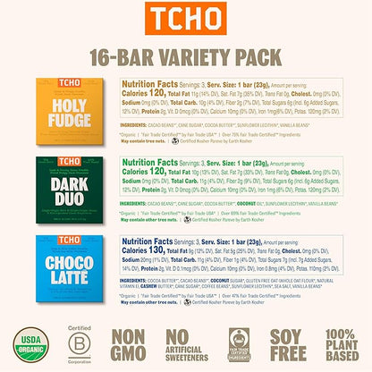 TCHO 100% Plant-Based Dark & Milk Chocolate Variety Pack - Gourmet Assortment with Toffee Time, Choco Latte, Dark & Salty, & More - Vegan No Artificial Sweeteners Chocolate Gift - 16 Count