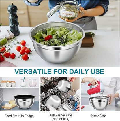 TeamFar Mixing Bowls, 4.6/3 / 1.5 QT, Stainless Steel Nesting Salad Bowls with Airtight Lids Set, For Serving/Mixing/Storing, Healthy & Long-lasting, Dishwasher Safe & Easy Clean, Black
