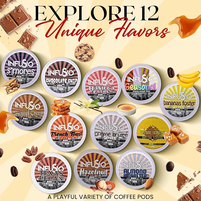 InfuSio Flavored Coffee Pods Variety Pack – 96 Count, 12 Gourmet Medium Roast Dessert-Inspired Blends like Bananas Foster & Crème Brûlée, Compatible with Keurig K-Cup 2.0 Brewers