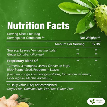 FreshDrinkUS, Super Soursop Herbal Tea – 40 Tea Bags | Soursop, Ginger, Turmeric, Lemongrass, Cinnamon, Black Pepper & Peppermint | Caffeine-Free, Natural Flavor, Plant-Based Blend | Sugar-Free