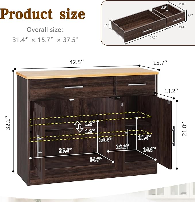 Vongrasig 43” Sideboard Buffet Cabinet with Storage, Farmhouse Coffee Bar with Drawers and Shelves, Wood Buffet Table for Kitchen Dining Room, Living Room, Rustic Brown