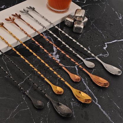 AnSaw Rose Gold 12-Inch Stainless Steel Cocktail Spoon with Leaf Handle - Perfect for Mixing & Layering Drinks in Tall Cups, Bar & Shakers - Durable Long Handle Bar Stirrer,1-Pieces