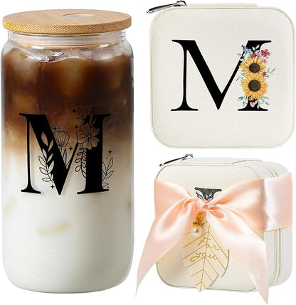 AYGXU teen girl gifts trendy stuff,Jewelry Box Organizer,Travel Initial Jewelry Box for Girls,16oz glass cups with bamboo lids,aesthetic glass cup,Travel Essentials,Initial M white