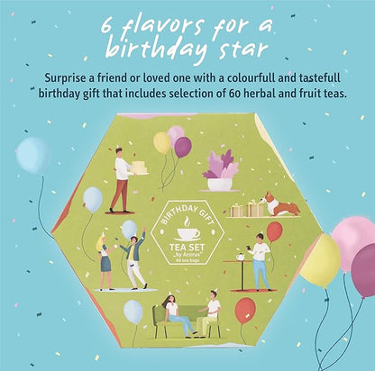 ACORUS | Birthday Gift Tea Set | Natural Tea Hamper Box Gift Set of 6 Flavors | Thoughtful Present for Birthday | Large Selection Box | Tea Gift Sets | 60 Herbal and Fruit Tea Bags Variety Pack