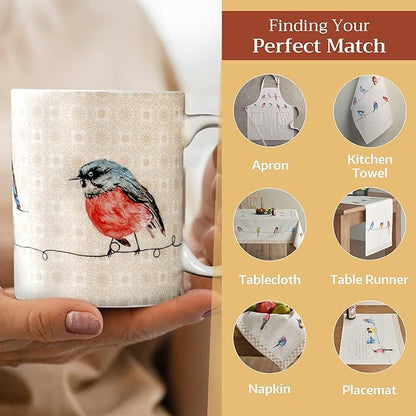 Maison d' Hermine Coffee Mug with Handles Fine Bone China Mugs Pack of One Tea Cups for Hot Beverages Cappuccino Latte Home Restaurant Office Perfect for Gift (Birdies On Wire - Robin, 12 Ounce)