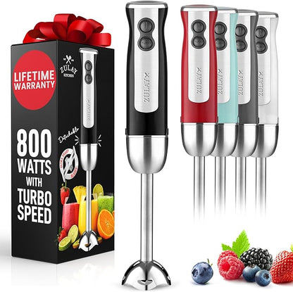 Zulay Immersion Stick Mixer Hand Blender - 800 Watts, Turbo Mode, 5-ft Power Electric Cord, Handheld Portable, Stainless Steel Blades - For Effortless Blending Smoothie, Soup, Baby Food, Puree - Black