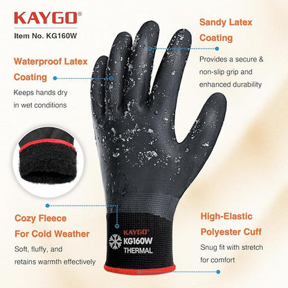 KAYGO Winter Waterproof Work Gloves for Men and Women, Thermal Insulated Freezer Rubber Coated Gloves,Super Grip,L, KG160