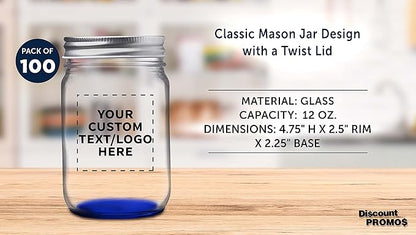 DISCOUNT PROMOS 100 Decorating Mason Jars Set, 12 oz. - Customizable Text, Logo - Canning, Aluminum Lid - Blue
