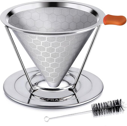Pour Over Coffee Dripper, Stainless Steel Coffee Filter Reusable Pour Over Coffee Filter Cone Coffee Dripper with Removable Cup Stand and Bonus Brush