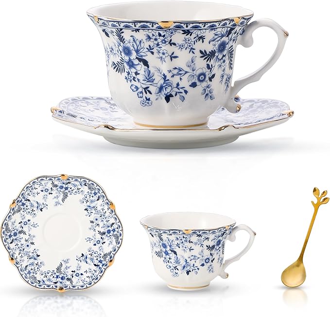 TATSUMI Country Roses Bone China Tea Cup and Saucer Set, 3 Pieces, Vintage Style, For Women and Tea Parties(QH,1 Set)