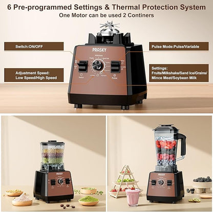 Blenders for Kitchen, Commercial Blender,2400W PRASY Food Processor with 101oz Juice & Grinder Jar, BPA-Free, 25000 RPM Blenders for Smoothies, Ice Crushing, Frozen Fruit (Brown, 2L)