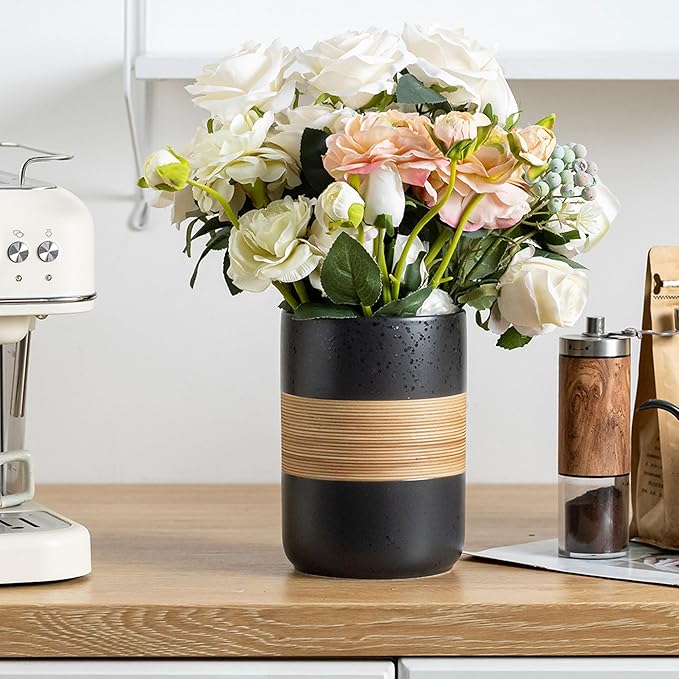 Large Storage Containers with Lids, Ceramic Coffee Container Kitchen Food Storage Jars for Spice Sugar Tea Bag, Stackable Decorative Jars for Counter, Black & 61oz