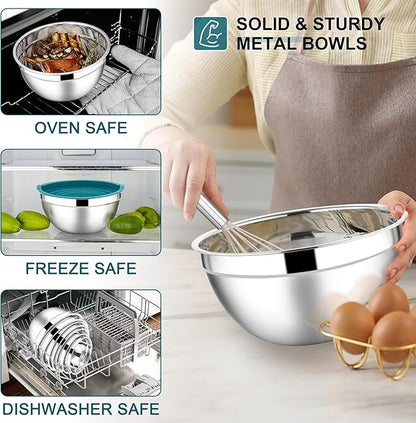 E-far Mixing Bowls with Lids Set, 7-Piece Stainless Steel Mixing Bowls with 3 Grater Attachments, Size 4.6, 3.5, 2.6, 2, 1.5, 1, 0.7QT, Metal Nesting Bowls & Blue Airtight Lids, For Baking/Cooking