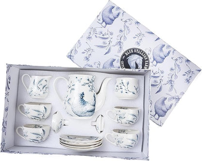 11-Piece Blue & White Collectible Chicken Floral Pattern Tea Set with Giftbox