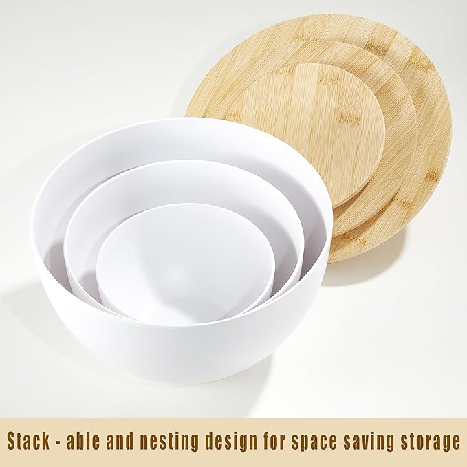 JOYMAY Salad Bowls, Mixing Bowl Salad Bowl Set, Natural Bamboo Fiber Serving Bowl Set of 3 with Bamboo Wood Lid, Nesting Bowls for Salads,Pastas(White,10",8",6")